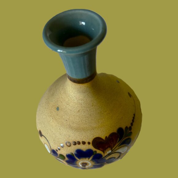 Vintage Tonalá pottery Mexican Folk Art Vase Floral Signed Tan Blue Brown EUC - Picture 5 of 12